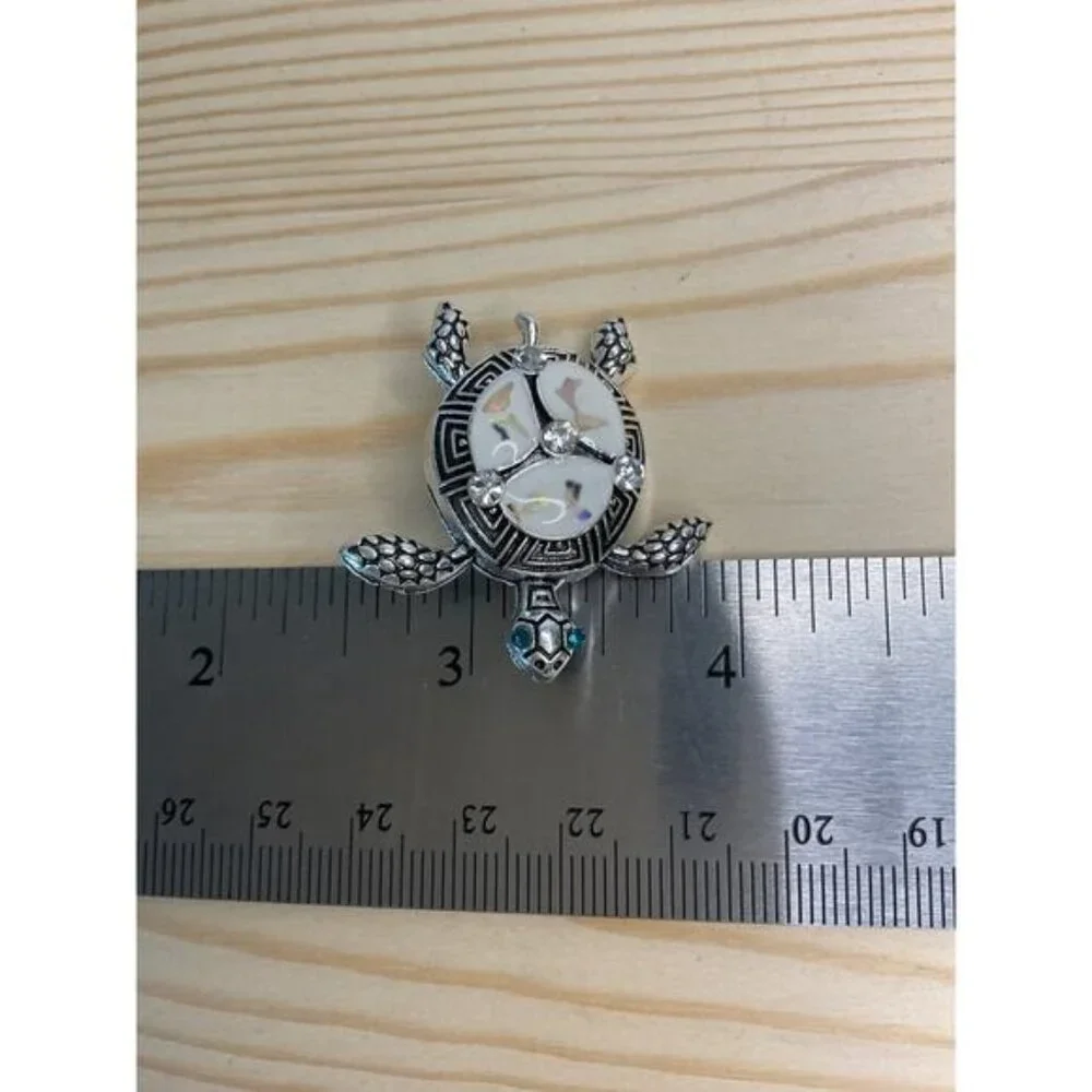 Turtle-Inspired Silver-Tone & Faux Mother-Of-Pearl Brooch Rhinestone Accents